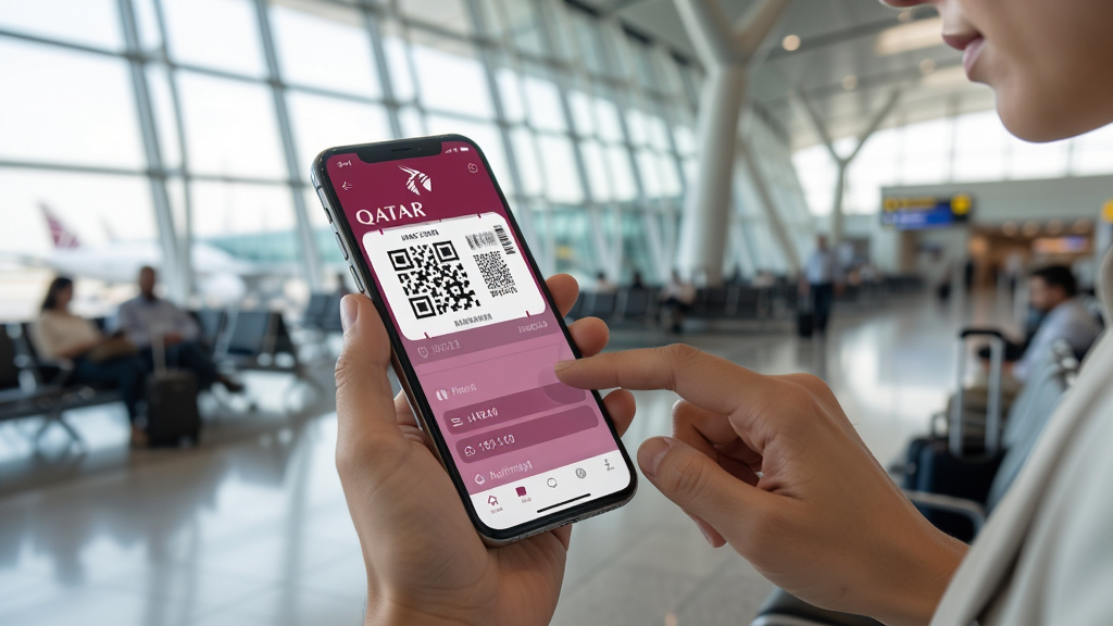 �ÿ��ڻ���ʹ�ÿ���������(Qatar Airways)�ֻ�Ӧ�ð���ֵ�������ĳ���ͼ������۽����ÿ��ֳ��ֻ�����Ļ��ʾ��ά��ǻ��ƣ�����Ϊ��������¹��ʻ����ִ�����վ¥����͵���Ȼ����͸����ش����룬������ָ�ᴥ��Ļ��ϸ��չ���ֻ�������ǻ�����Ϣ����ͼ���ò�45�Ƚǣ���ʵ���ͻ�����壬���ʸɾ��������޶���Ԫ��