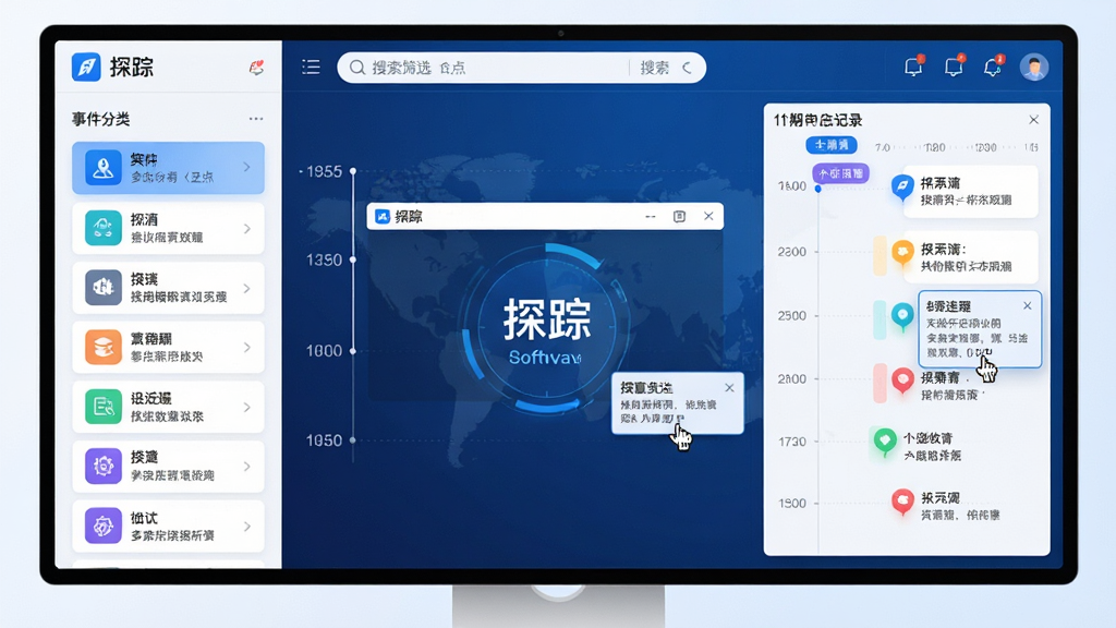 ���壺��ά������׷�ٽ��棬��Ļ��ʾʱ����������ǩ������Ϊ��̽�١��������档���֣����Ϊ�¼������б����Ҳ�Ϊ��ϸ��ʱ�����¼������Ϊ����ɸѡ�����Ű棺��Ϣ�Կ�Ƭʽ���У�ÿ�ſ�Ƭ��ʾ�¼�ͼ����ժҪ����񣺿Ƽ��У�������ɫ�����������ϸ�ڣ�ʱ�����Ϸֲ���ɫ�¼���ǣ������ͣ��ʾ���鸡�������ʣ����壬�ɾ����޶���Ԫ��