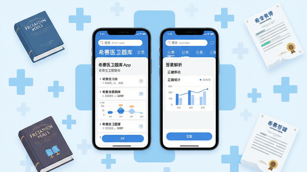 主体:希赛医卫题库App界面展示,手机屏幕显示题库列表和答题页面,背景为淡蓝色医学十字图标。布局:居中构图,手机位于视觉中心,周围环绕漂浮的医学书籍和成绩单元素。排版:界面清晰,左侧为题目区,右侧为答案解析区,顶部有搜索栏和分类标签。风格:扁平化设计,现代简约,色彩清新明快,以蓝白为主色调。细节:题目文字清晰可读,正确率统计图表展示,按钮圆润,整体干净整洁。画质:4K高清,渲染细腻,无多余元素。