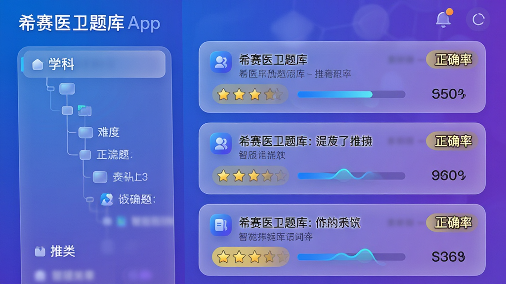 主体:希赛医卫题库App的智能题库功能界面,展示知识点分类树和推荐题目卡片。布局:左右分栏,左侧为学科分类列表,右侧为题目卡片流。排版:卡片式布局,每张卡片显示题目摘要、难度星级和正确率。风格:科技感UI设计,蓝紫色渐变背景,玻璃拟态元素。细节:分类图标精致,进度条动画流畅,推荐理由标签醒目。画质:高清渲染,色彩饱和,无多余元素。