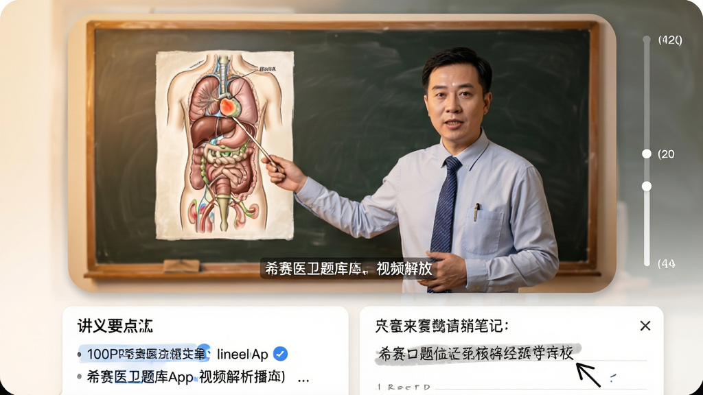 主体:希赛医卫题库App的视频解析播放页面,屏幕中老师正在讲解解剖图。布局:视频画面占上方三分之二,下方为讲义要点和笔记区。排版:视频窗口采用圆角设计,右侧有章节进度条。风格:教育风格,暖色调灯光,黑板背景,画面清晰。细节:老师手势指示重点,字幕同步显示,笔记区可涂写。画质:1080P高清,无多余元素。