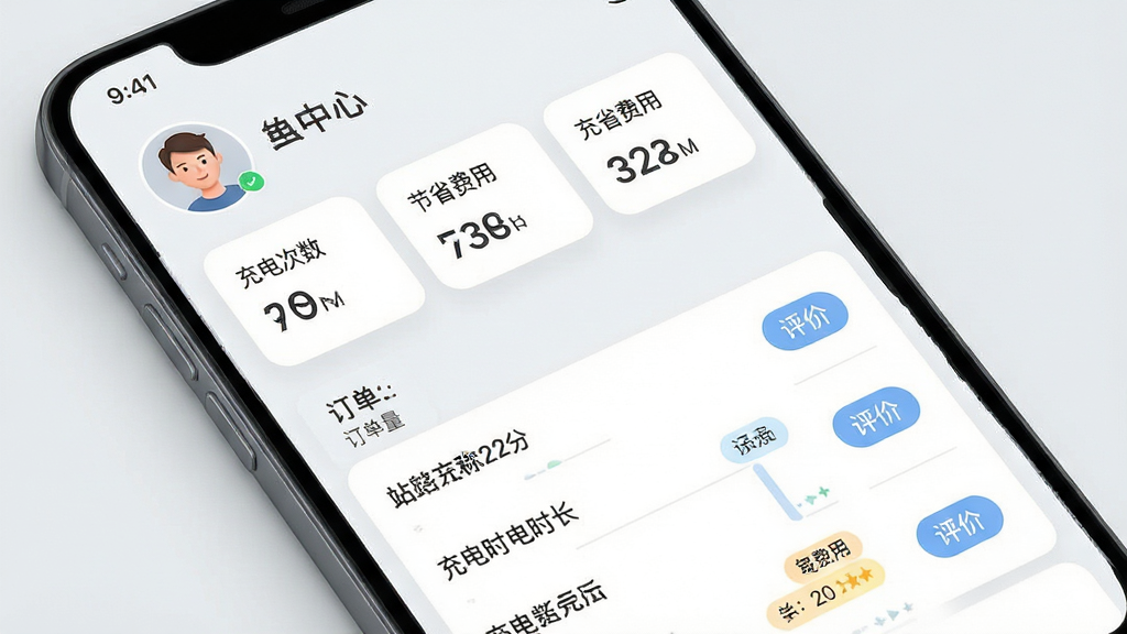 主体:手机屏幕显示个人中心页面,包含用户头像、订单列表、充电统计图表。布局:顶部为头像和用户名,中间为充电次数和节省费用等数据卡片,下方为历史订单列表。排版:列表每项包含站点名称、充电时长和费用,右侧有“评价”按钮。风格:简洁商务风格,背景浅灰,卡片白色圆角。细节:统计图表采用柱状图展示近一周充电量,订单状态用彩色标签标注。画质:高清渲染,干净无多余元素。