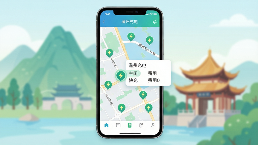 主体:滁州充电APP的界面预览图,手机屏幕中显示地图上分布着多个充电桩图标,其中一个被高亮选中并显示详细信息卡片。布局:手机位于画面中央,背景为模糊的滁州市地标建筑(如琅琊山、醉翁亭)的淡彩插画,地图界面占主视觉,下方有简洁的底部导航栏。排版:界面元素排列清晰,充电桩图标采用绿色圆点样式,信息卡片白色背景圆角设计,文字标注“滁州充电”字样。风格:现代扁平化风格,主色调为蓝绿色渐变,整体干净明亮。细节:地图上标注道路名称,充电桩图标带有小闪电符号,信息卡片显示“空闲”“快充”“费用”等字样。画质:高清渲染,干净无多余元素。