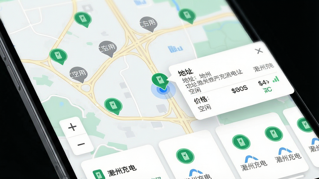 主体:手机屏幕上的智能充电地图界面,展示多个充电桩站点分布,其中一个站点弹出详情窗口。布局:地图占满屏幕,左下角有缩放按钮,底部有站点列表卡片横向滑动。排版:站点图标为圆形,绿色表示空闲,灰色表示占用,详情窗口显示“地址”“价格”“空闲”等信息。风格:清爽的科技感风格,地图配色柔和,道路清晰。细节:地图上标注当前用户位置蓝点,站点卡片带有“滁州充电”水印。画质:高清,干净无多余元素。