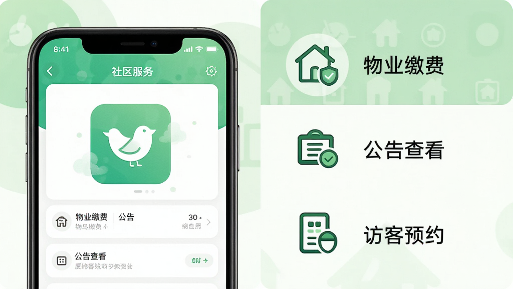 ���Ϊ������APP��������������ͼ���Ҳ����Լ���ͼ��˵����չʾ��ҵ�ɷѡ�����鿴���ÿ�ԤԼ�ȹ��ܣ�����Ϊ����ɫ���ɫ��䣬������£��Ű������ϸ�ڷḻ�������������޶���Ԫ�ء�