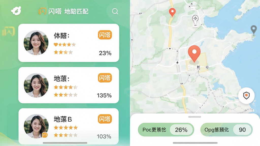 ���壺���APP�ĵ���ƥ����棬չʾ�Ƽ��б���ƥ��Ȱٷֱȡ����֣����Ϊ���㿨Ƭ���Ҳ�Ϊ��ͼ��λ���·�Ϊɸѡ�������Ű棺��Ƭʽ���֣���Ϣ����������ͻ������ડ�Ʒ��ɫ�����������Ȼ���Ѻ����С�ϸ�ڣ���Ƭ���е���ͷ�����������ּ�����ડ�Logo�����ʣ�ϸ����ͣ��ɾ��޶���Ԫ�ء�