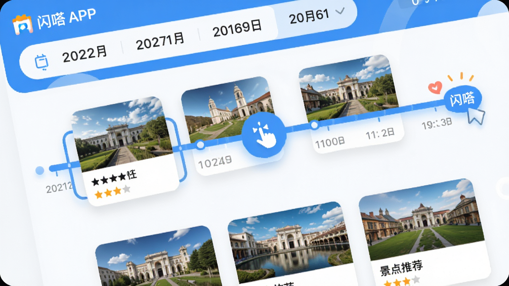 ���壺���APP���г̶��ƽ��棬չʾ����ק��ʱ�����뾰�㿨Ƭ�����֣��Ϸ�Ϊ����ѡ���м�Ϊʱ���ᣬ�·�Ϊ�����Ƽ����Ű棺������ǿ����קͼ�����ԡ���񣺻��á���졣ϸ�ڣ����㿨Ƭ����ͼƬ�����֣�ʱ�������С���ડ���ʶ�����ʣ������������ɾ��޶���Ԫ�ء�