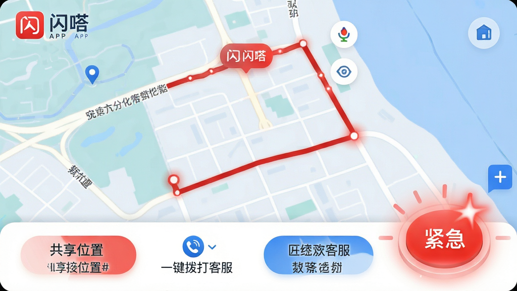 ���壺���APP���г̰�ȫ���棬��ʾ��ͼ�켣�����������ť�����֣���ͼռ���Ӿ����ײ�Ϊ��ȫ����������������λ�á�һ������ͷ��ȡ��Ű棺���ܰ�ť��Ŀ��ɫ���Ժ�ɫ����ɫǿ����ȫ��������ء��ɿ���ϸ�ڣ���ͼ�ϱ�ע����ડ�Logo��������ť������Ч�������ʣ��߾��ȣ��ɾ��޶���Ԫ�ء�
