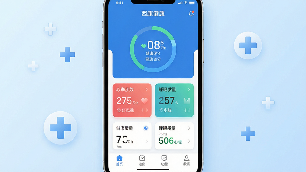 ���壺��������APP������չʾ���ֻ���Ļ����ʾ�������ݿ��壬�������ʡ�������˯��������ָ�꣬��������ɫ�Ͱ�ɫΪ��ɫ���������������Ϸ�Ϊ�������ֻ����в�Ϊ���ս������ݿ�Ƭ���·�Ϊ���ܵ��������Ű棺���й�ͼ���ֻ�ģ��λ���Ӿ����ģ�����Ϊ����ɫ���䣬����ҽ��ʮ��ͼ���׺������ִ���Լ����ƽ����ƣ����ʸ���Ⱦ��ϸ�ڣ���Ļ������������ʾ���������������������������ֺ�ͼ�λ����֣�����ɾ��޶���Ԫ�ء����ʣ����壬ϸ�壬����㡣