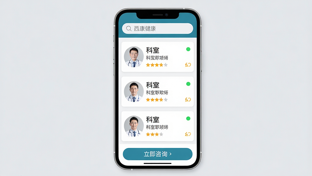 ���壺��������APP����������棬��Ļ����ʾҽ���б���ÿλҽ����ͷ�񡢿��ҡ�ְ�ƺ����֣��ײ��С�������ѯ����ť�����֣��б�ʽ���֣��ֻ����У�����Ϊǳ��ɫ�������ˬ��רҵ��ҽ�Ʒ��ϸ�ڣ���Ļ�����С�������������������ҽ����Ƭ��������״̬�̵㡣���ʣ����壬��ʵ��ǿ���޶���Ԫ�ء�