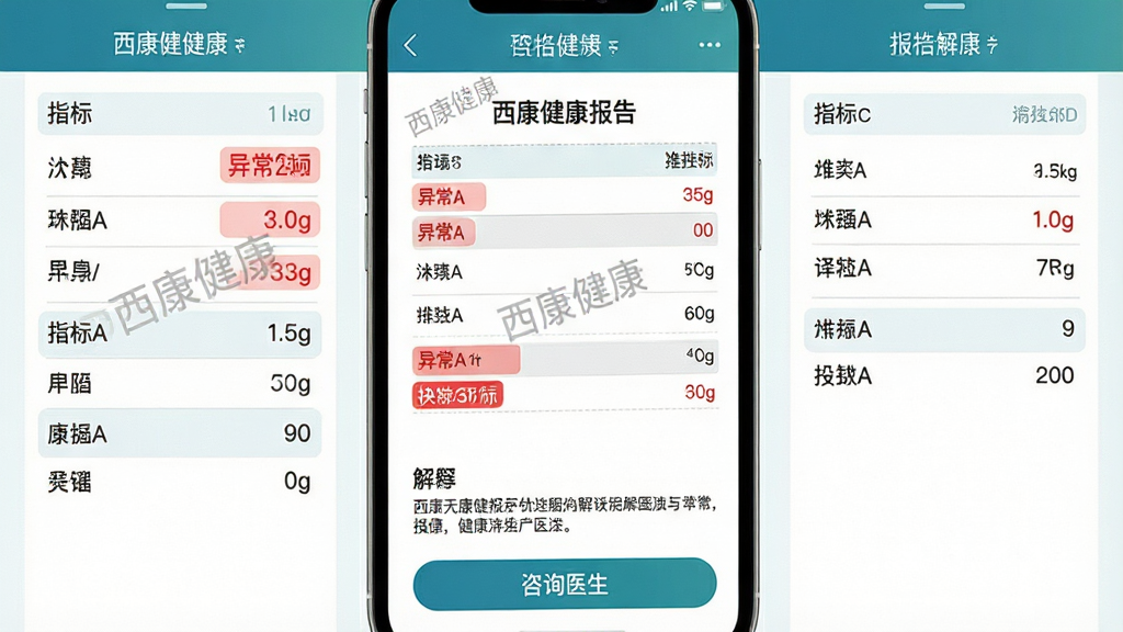 ���壺��������APP��챨�������棬��Ļ����ʾһ����챨�浥���ؼ�ָ�걻������ǣ��·��н��˵���͡���ѯҽ������ť�����֣����浥ռ����Ļ��Ҫλ�ã����ҷ�����ʾָ�����顣��񣺼�࣬ҽѧ�У����ݿ��ӻ���ϸ�ڣ����浥��ӡ�С�����������ˮӡ���쳣ָ���ú�ɫ��ע������������������ʣ����壬������������Ԫ�ء�