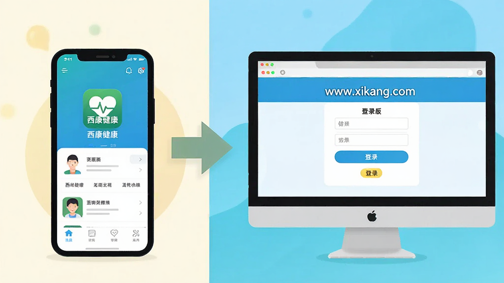 ���壺��������APPʹ��ָ�ϲ�ͼ��չʾ�ֻ��͵��������豸���ֻ���Ļ��ʾAPP�����棬������Ļ��ʾ��ҳ���¼���档���֣����ҷָͼ���ֻ����󣬵������ң��м��ü�ͷ���ӡ���񣺱�ƽ�廭�磬ɫ��������ϸ�ڣ��ֻ������С�����������ͼ�꣬������Ļ�С�www.xikang.com�����������ʣ��������ɾ����޶���Ԫ�ء�
