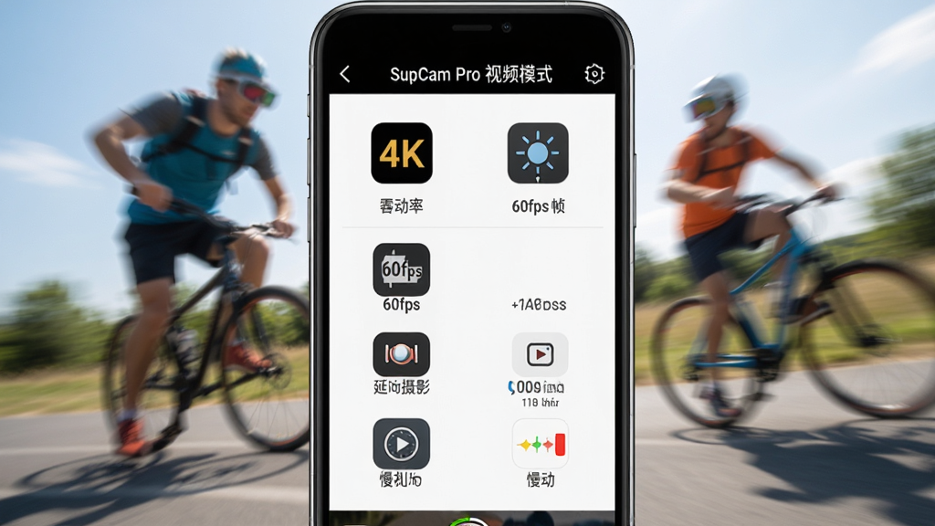 չʾSupCam Pro�߼���Ƶ¼��ģʽ�Ľ��棬����Ϊ�ֻ���Ļ��ʾ¼�����ò˵�������4K�ֱ��ʡ�60fps֡�ʡ���ʱ��Ӱ����������ѡ��ͼ�꣬����Ϊ��̬ģ���Ļ����˶����������ֲ��ò˵��б����У�ͼ���������Ű��࣬���Ϊ�ִ����з��ϸ�ڰ���ÿ��ģʽͼ���µļ��˵������Ļ����