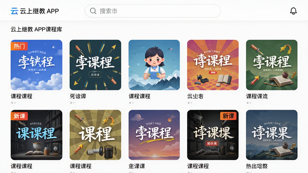 ���壺���ϼ̽�APP�γ̿�ҳ�棬չʾ����γ̷�������ͼ�����������������֣�����״���У�ÿ�ŷ�����пγ����ơ��Ű棺�������򡣷���ִ���࣬ɫ�ʷḻ��ϸ�ڣ�������Ƹ��죬�С����š������¿Ρ���ǩ�����ʣ����壬�ɾ���
