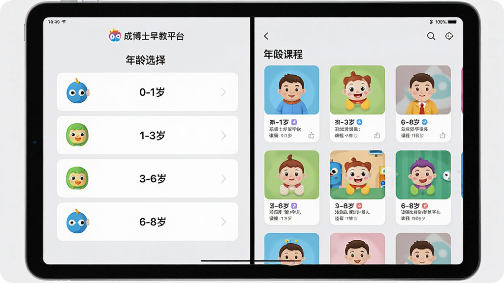 ��������Ϊ���ɲ�ʿ���ƽ̨��App������ƽ������ϵķ���չʾ�������ʾ����ѡ���б���0-1�ꡢ1-3�ꡢ3-6�ꡢ6-8�꣩���Ҳ�չʾ��Ӧ����εĿγ̿�Ƭ�����ֲ������������ҷ����ṹ���Ű����ࡣ���Ϊ�ִ�UI��ƣ�ϸ����ͻ���γ�ͼ��ķḻ����������Ϊǳ��ɫ��ͻ����Ļ���ݡ����ʸ��壬����ɾ����޶���Ԫ�أ�����������רҵ����ϵͳ�ԡ�