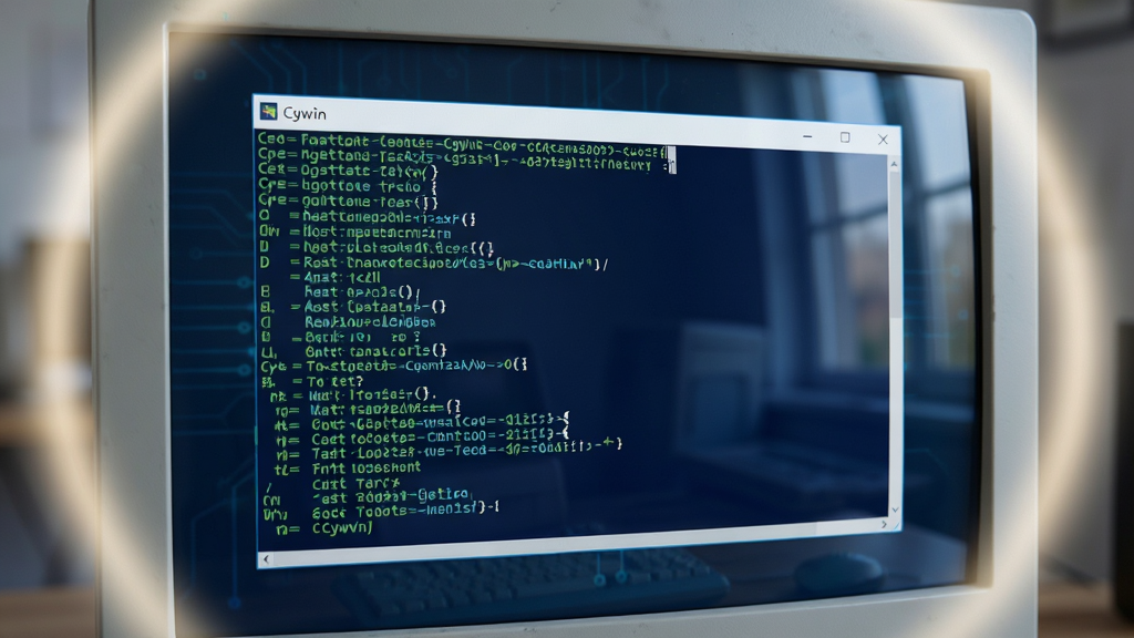 ���壺һ̨����Windows�ĵ�����Ļ����ʾCygwin�ն˽��棬������ɫ�������ַ������֣�������д����Ļռ�����Ӿ�����Χ����͹��Σ��Ű棺�ն˴�����չʾ���д����·����ʾ�������дʵ�Ƽ��У�ɫ����������ɫ���䣻ϸ�ڣ����ڱ�������ʾ