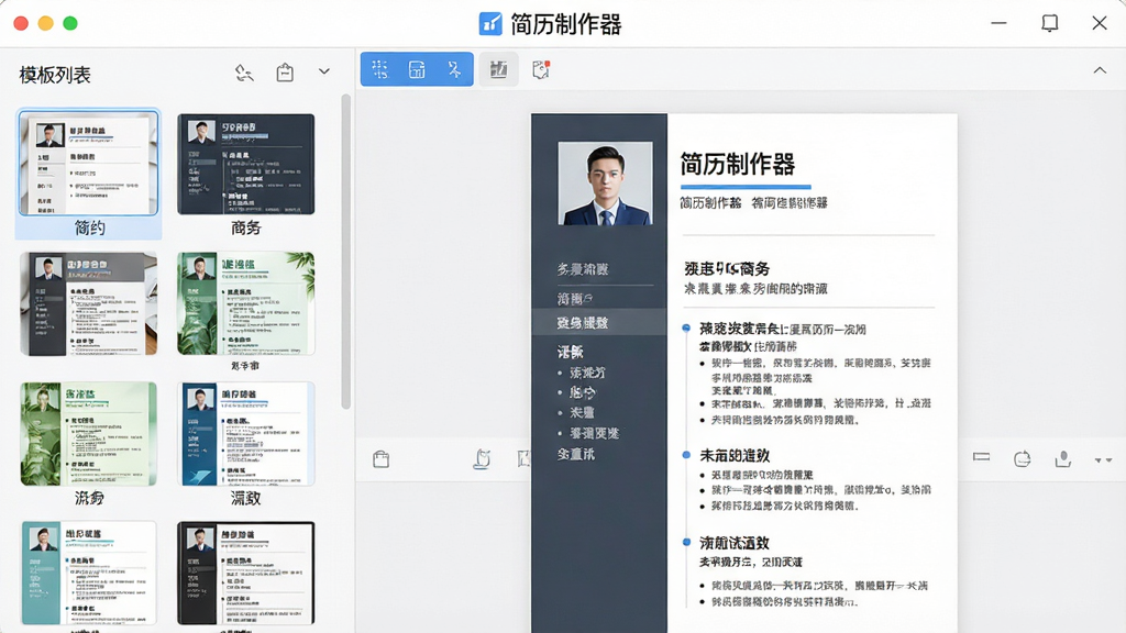 一张展示简历制作器软件主界面的高清截图,界面左侧为模板列表,包含简约、商务、清新等多种风格缩略图,右侧为简历编辑预览区,显示一份排版工整的简历样张,顶部有软件名称“简历制作器”字样,整体布局干净明亮,风格现代,细节丰富,画质清晰,无多余元素