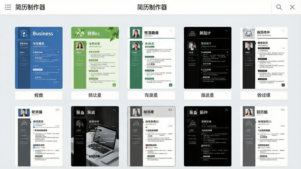 展示简历制作器中模板库界面的图片,画面中央是网格状排列的多种简历模板缩略图,有蓝色商务风、绿色清新风、黑白极简风等,每个缩略图下方标注模板名称,背景为浅灰色,界面顶部有“简历制作器”的导航栏,排版整齐,风格干净,细节清晰,画质高,无多余元素
