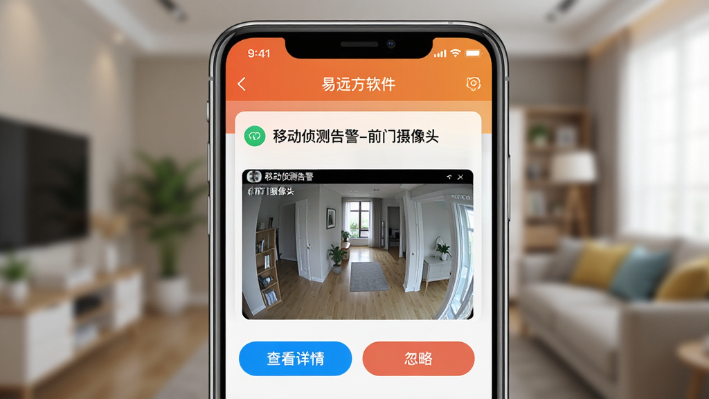 һ��չʾ��Զ���������ܸ澯���ܵ��ֻ�����ͼ���ֻ���Ļ����ʾһ��֪ͨ��Ϣ������Ϊ���ƶ����澯-ǰ������ͷ�����·������¼���ͼ����ͼ�������С��鿴���顱�͡����ԡ���ť���ֻ�����Ϊģ�������ڻ������������࣬ɫ�����������ʸɾ����޶���Ԫ�ء�