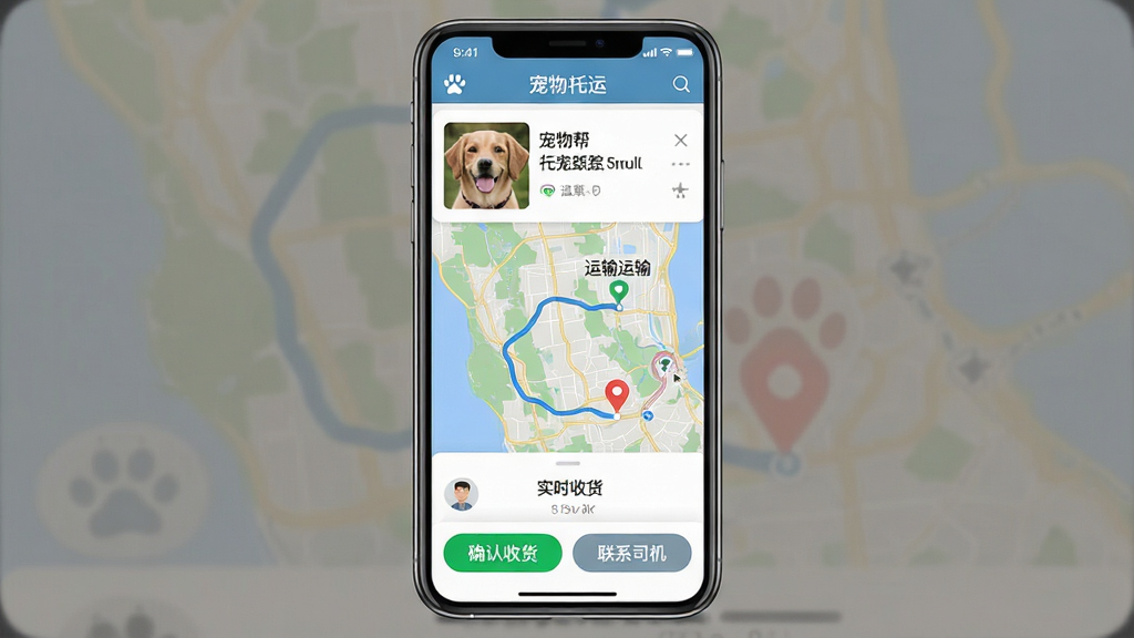 һ��չʾ������������APP����ĸ����ͼ������Ϊ�ֻ���Ļ��������ʾ�������˶�������ҳ�棬����������Ƭ������·�ߵ�ͼ��ʵʱλ�ñ�ǣ��ײ��С�ȷ���ջ�������ϵ˾������ť�����岼�־��У��Ű������������Ϊ�ִ���ƽ��UI��ƣ�ϸ�ڷḻ�������������ɾ��޶���Ԫ�ء�