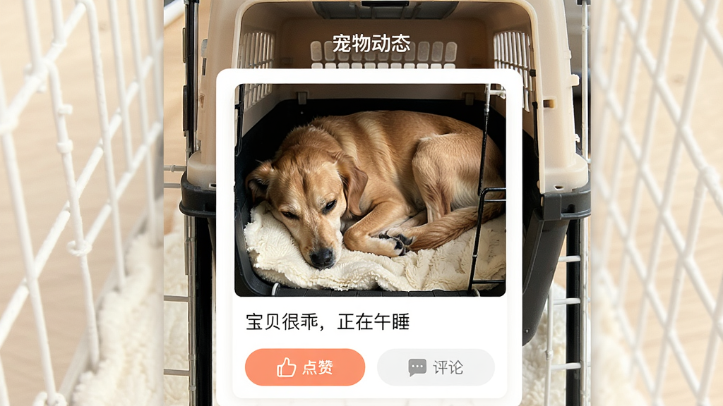 һ��չʾ������������APP�����ﶯ̬�������ͼƬ������Ϊ�ֻ���Ļ��������ʾ����������������Ϣ����Ƭ���·������������������ܹԣ�������˯���������С����ޡ������ۡ���ť�����岼�ּ�࣬�Ű��Կ�Ƭʽ���֣������ܰдʵ��ϸ�ڰ�������ëɫ�������̵棬�����������ɾ��޶���Ԫ�ء�