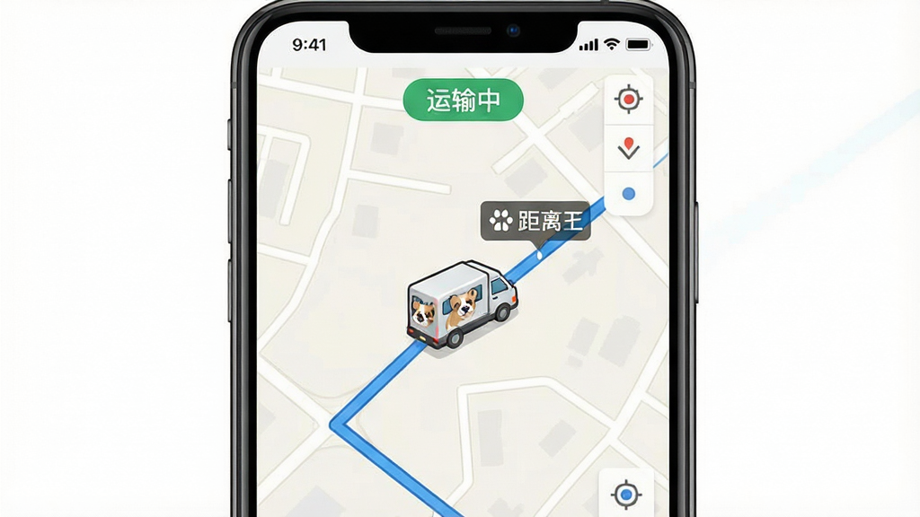һ��չʾ������������APPʵʱ��ع��ܵ�ͼƬ������Ϊ�ֻ���ͼ���棬��ͼ����ʾһ����������С����ͼ�꣬�ع滮·����ʻ��·��Ϊ��ɫ��������ͼ����Ϊǳɫ�ֵ������岼���Ե�ͼΪ���ģ��Ϸ��С������С�״̬��ǩ�����Ϊ����LBS��λ���棬ϸ�ڰ�������ͼ�ꡢ������ʾ�������������ɾ��޶���Ԫ�ء�