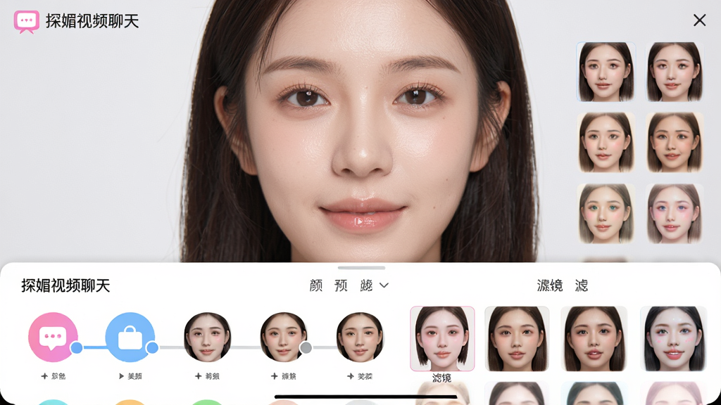 ���壺��̽����Ƶ���족�������˾�����չʾ���档���֣���Ļ��Ϊ���������֣��ϰ벿��������Ԥ�����°벿�������յ���ѡ����˾��б����Ű棺ѡ���Ժ��򻬶������У�ͼ��ΪԲ�Ρ������������������ʱ�иС�ϸ�ڣ�����Ƥ��ϸ�壬�ж����˾�Ч������ͼ�������С�̽����Ƶ���족Ʒ�Ʊ�ʶ�����ʣ�����ͨ͸�������ʸкã��ɾ��޶���Ԫ�ء�