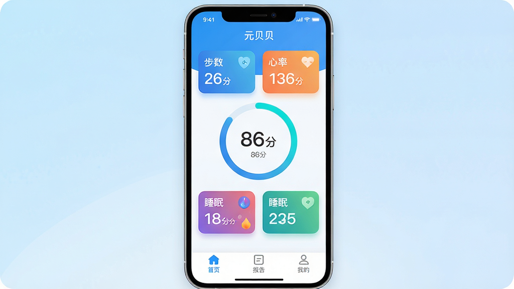 ���壺Ԫ����App���ֻ���Ļ��չʾ���������������棬������ʾԲ�ν������ֻ�����Χ�ֲ����������ʡ�˯�ߵȲ�ɫ��Ƭ�����֣��ֻ��������У�����Ϊǳ��ɫ���䣬�ײ��С���ҳ�������桱���ҵġ���������ͼ�ꡣ�Ű棺������ÿ�Ƭʽ���֣���������ʹ�ô���޳������壬ͼ��Ϊ���Է�񡣷���ִ���ƽ����ɫ���������죬������Ϊ��ɫ����ϸ�ڣ���Ļ�Ϸ���ʾ��Ԫ�������������������ֻ��ϱ�ע��86�֡�����Ƭ��Ե�������Ӱ�����ʣ�������Ⱦ������ɾ����޶���Ԫ�ء�