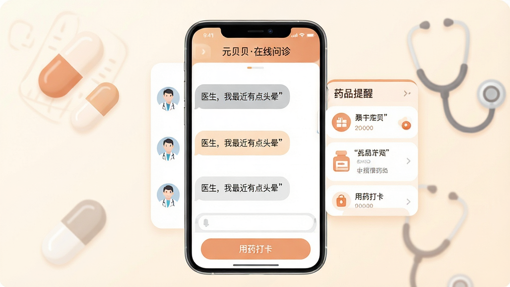 ���壺Ԫ����App������������棬�ֻ���Ļ��ʾҽ�����촰�ڣ�������ҩ���������ͼ�ꡣ���֣��ֻ����У���Ļ�����Ϊҽ��ͷ��ͶԻ����ݣ��Ҳ�ΪҩƷ���ѿ�Ƭ���Ű棺�Ի����ݲ���Բ����ƣ�ҩƷ��Ƭ���б���ʽչʾ���ײ��С���ҩ�򿨡���ť��������ůɫ����ҽ�Ƹ�ǿ��ͼ���ࡣϸ�ڣ���Ļ�Ϸ���ʾ��Ԫ��������������Ի����С�ҽ����������е�ͷ�Ρ������֡����ʣ����壬����ɾ����޶���Ԫ�ء�