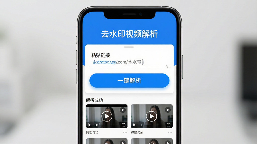 ���壺ȥˮӡ��Ƶ�������������棬չʾһ���ɾ��������ֻ���Ļ��������ʾ�š�ճ�����ӡ���������Ŀ�ġ�һ����������ɫ��ť�������·��н����ɹ�����Ƶ����ͼ�б������֣��ֻ����У�����Ԫ���������Ϸ�Ϊ�������ơ�ȥˮӡ��Ƶ�������������м�Ϊ�����Ͱ�ť���·�Ϊ��Ƶ�б����Ű棺����APP������ƣ����ܰ�ťͻ����ͼ�꾫�¡�����ִ���ƽ��UI���ɫ�����£�������Ϊ��ɫ����ϸ�ڣ����������ʾʾ�����ӣ���ť��΢��Ч����Ƶ����ͼ������Сͼ�꣬���廭�ʸ��壬�ɾ��޶���Ԫ�ء����ʣ�4K���壬��Ⱦϸ�壬�޶���Ԫ�ء�