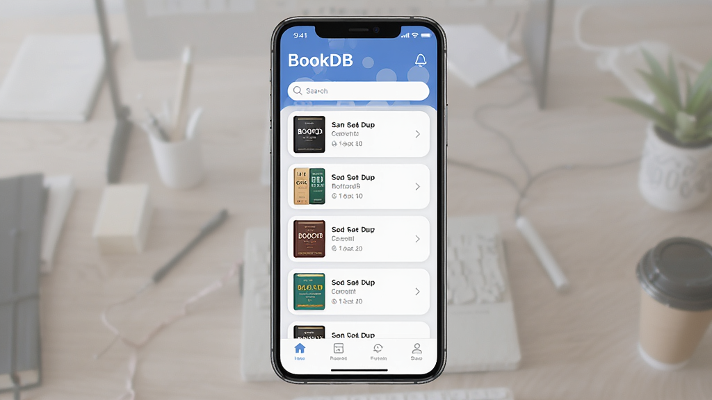 主体:BookDB软件在手机上的运行界面,手机屏幕显示书籍列表和搜索栏。布局:手机居中,屏幕内容清晰。排版:列表垂直排列,底部有导航栏。风格:移动端UI设计,圆角卡片元素。细节:屏幕顶部显示“BookDB”字样。画质:高清,干净,无多余元素。