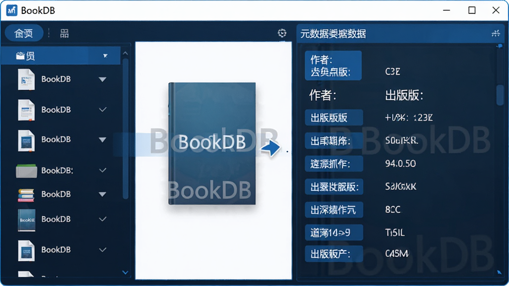 主体:BookDB软件界面,展示自动抓取书籍元数据的过程,一本书籍文件拖入软件窗口,窗口内自动显示书名、作者、出版社等信息。布局:左侧为文件列表,右侧为元数据详情面板。排版:信息字段清晰排列,带有标签。风格:科技感,蓝色与白色配色。细节:书籍封面上有“BookDB”水印。画质:高清,干净,无多余元素。