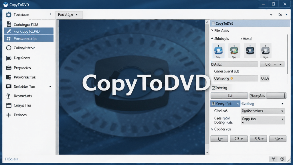 一张展示CopyToDVD软件主界面的高清截图,界面布局清晰,左侧为功能导航栏,右侧为文件添加与刻录设置区域,整体风格现代简洁,配色以深蓝和白色为主,画质干净,无多余元素,图片中央显示软件名称