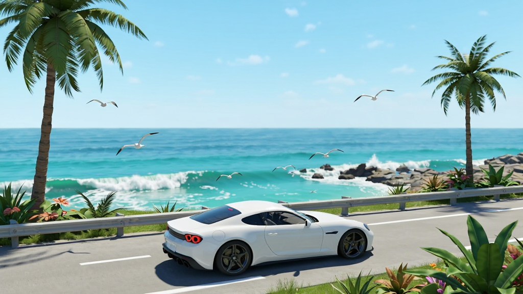 һ����ɫ�ܳ���ʻ���������ĵĺ�����·�ϣ������Ǳ����Ĵ������������·�������ȴ�ֲ�����ɫ����������ͼ�������ַ����ܳ�λ�ڻ���������֮һ�������ռ������֮һ������������죬ϸ�ڰ��������Ĵ�ʯ��Զ������ĺ�Ÿ������Ϊ4K���ɾ��޶���Ԫ�أ�ͼƬ�в������κ�����