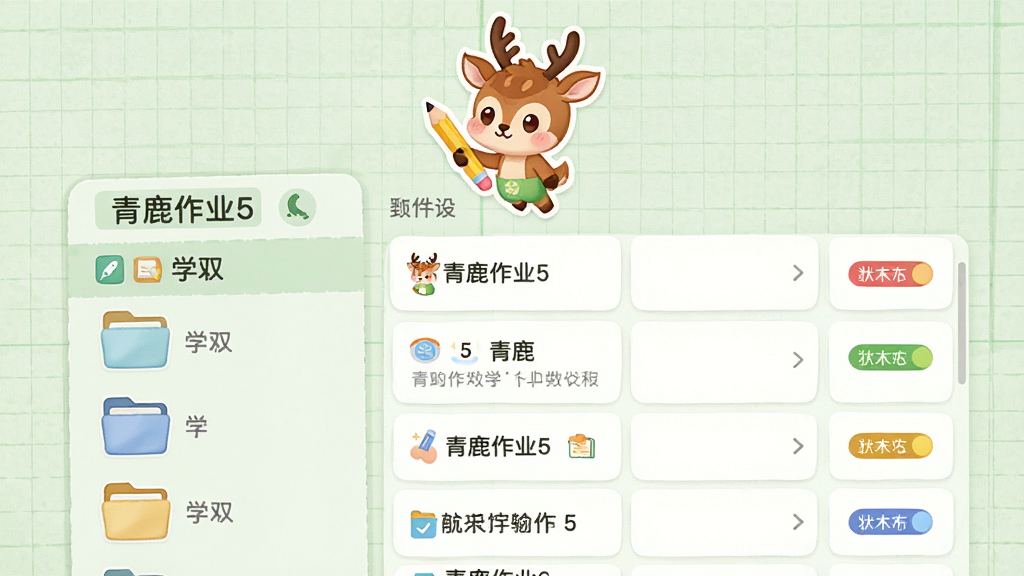 ͼƬ����Ϊ����¹��ҵ5������ҵ�б����棬����Ƿ���������ѧ���ļ���ͼ�꣬�Ҳ���ʾ������ҵ��Ŀ�Ͳ�ɫ״̬��ǩ������Ϊǳ��ɫ����ֽ�������Ϸ�������һֻ��ͨС¹����Ǧ�ʵĲ廭�����ֲ������ҷ�����������¼�Լ��ϸ�ھ��£����ʸɾ�