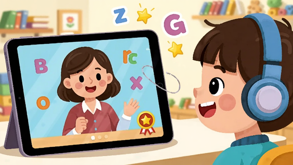 ��������Ϊһ���ɰ���Сѧ��������ƽ������ϵ�PollyEnglish��̿γ̿��ĵظ������ʣ���Ļ����ʾһλ���е������ʦ΢Ц��������ΧƯ����Ӣ����ĸ�����ǽ�����Ч�����岼�ֲ����������˵Ĺ�ͼ�������ƽ���豸��д���ұ��Ǻ��Ӳ���Ц��������Ϊ��ܰ�Ķ�ͯ�鷿��ɫ���������£���ͨ��ƽ�����ϸ�ڰ����������鱾�ͽ���ѫ�£����������ɾ����޶���Ԫ�ء�
