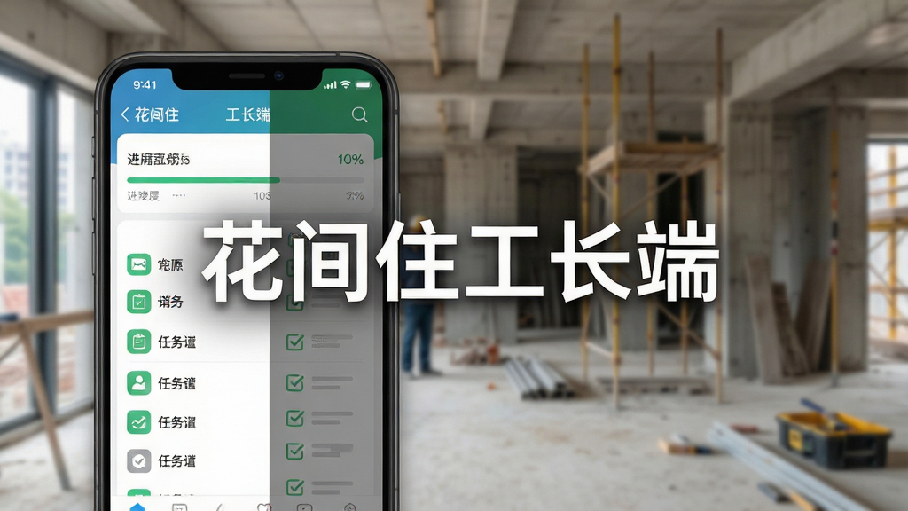主视觉展示花间住工长端在智能手机上的操作界面,背景为现代装修工地场景,画面中央突出APP名称“花间住工长端”,整体布局为手机特写与工地虚化,排版采用左右分屏风格,细节包含界面上的进度条、任务清单图标,画质高清明亮,干净无多余元素