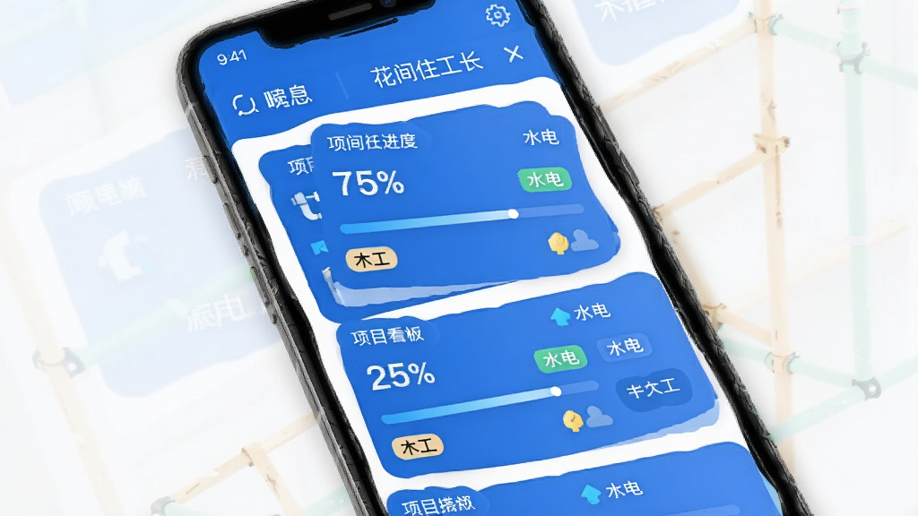 展示花间住工长端APP的工地进度看板界面,界面以蓝色为主色调,包含多个项目卡片,每个卡片上有进度百分比和“水电”、“木工”等标签,布局为手机竖屏截图样式,排版整齐,细节突出进度条和状态图标,画质清晰,干净无多余元素