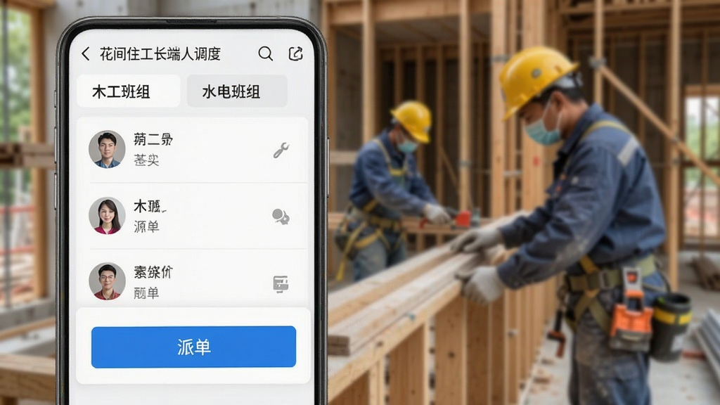 展示花间住工长端工人调度界面,界面显示工人列表和派单按钮,背景有工人正在施工的模糊图,手机界面中有“木工班组”、“水电班组”分类,布局为上下结构,排版简洁,细节突出“派单”按钮和工人头像,画质自然,干净无多余元素