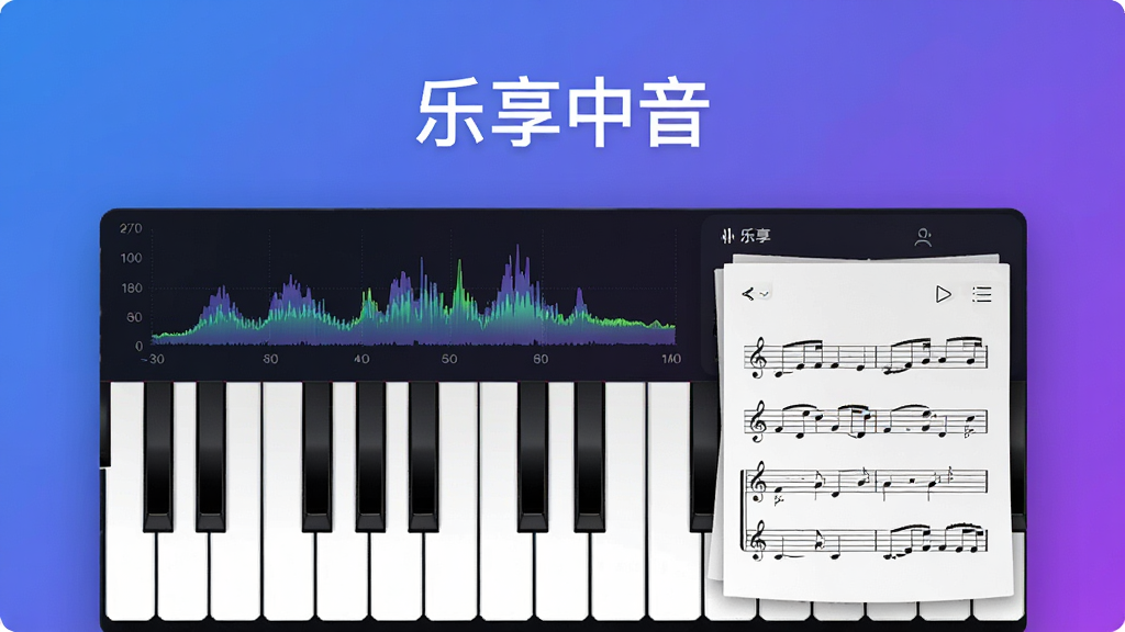 一幅现代简约风格的应用宣传图,主体为“乐享中音”APP界面截图,居中显示,背景为渐变色(蓝紫),界面包含虚拟钢琴键盘、波形频谱图、乐谱翻页功能,排版清爽,细节丰富,画质高清,干净无多余元素