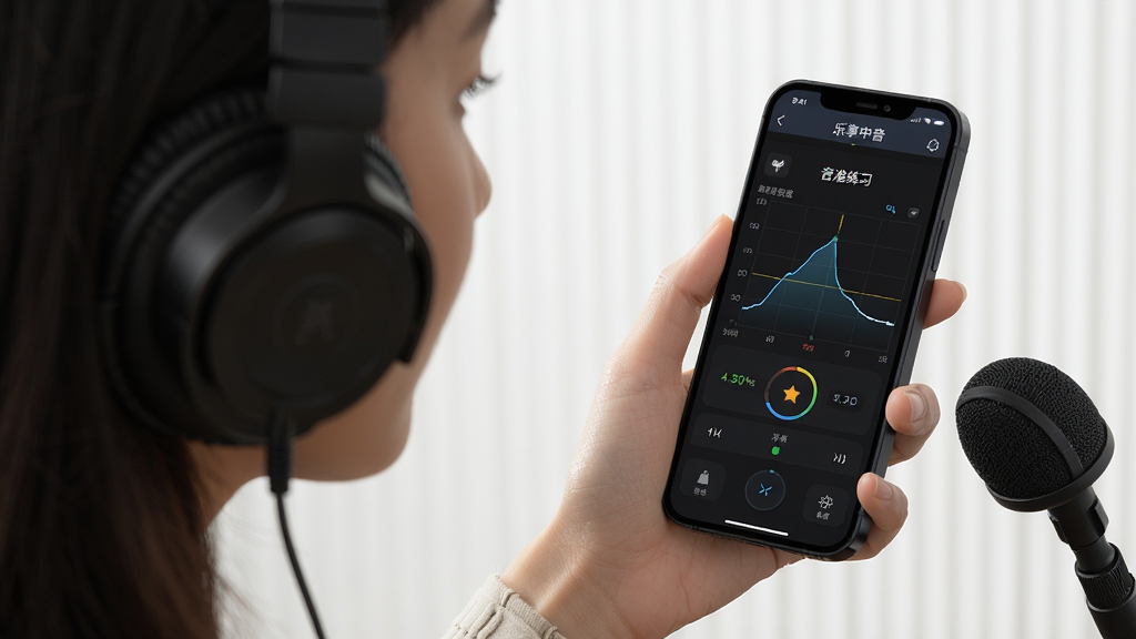 一位用户正在使用手机上的“乐享中音”APP进行音准练习,界面上显示音高曲线和评分,主体为用户与手机,布局为侧视图,风格写实,细节包括耳机和麦克风,画质清晰,干净无多余元素