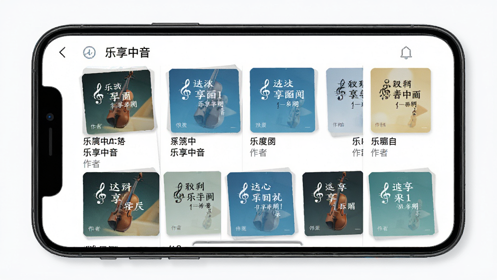 应用市场风格的截图,展示“乐享中音”APP内的乐谱列表,封面排列整齐,主体为手机屏幕,布局为网格排版,风格清新,细节包括乐谱名称和作者,画质高清,干净无多余元素