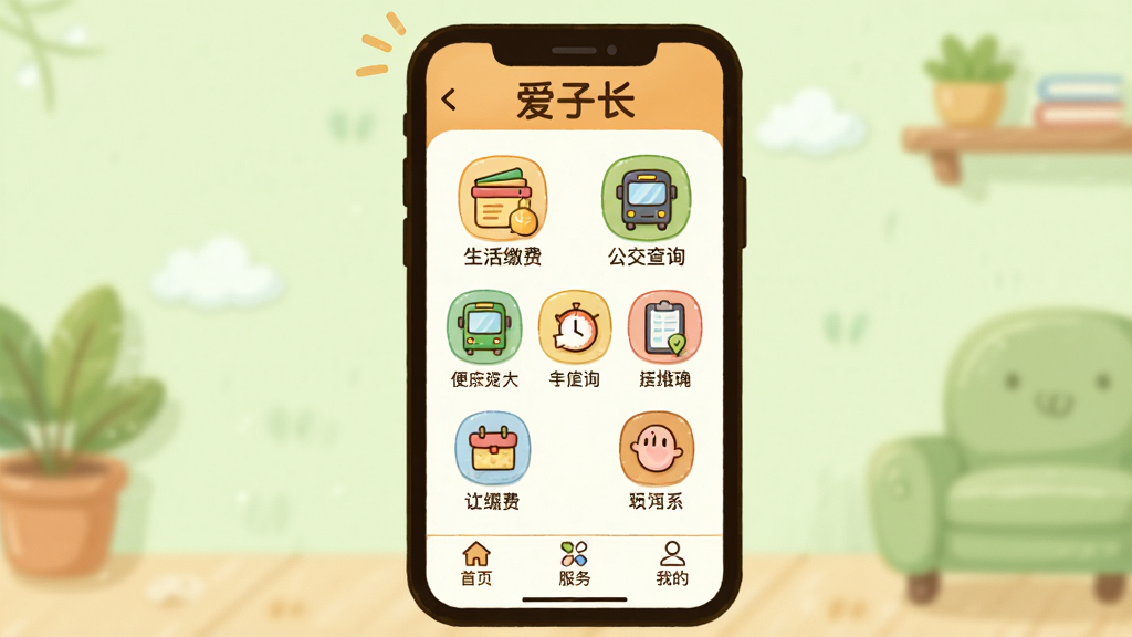 ���壺�ֻ���Ļչʾ�����ӳ����������ҳ�棬����������ɷѡ���������ѯ����ͼ�ꡣ���֣��ֻ����У�����Ϊ����ɫ������������Ϣ���Ű棺ͼ���ԾŹ�����ʽ���У�������ˡ���񣺿�ͨ�廭���ɫ����ܰ��ϸ�ڣ�ÿ��ͼ���·������ı�ǩ���ײ��С���ҳ�������񡱡��ҵġ��Ȱ�ť�����ʣ��������޶���Ԫ�ء�