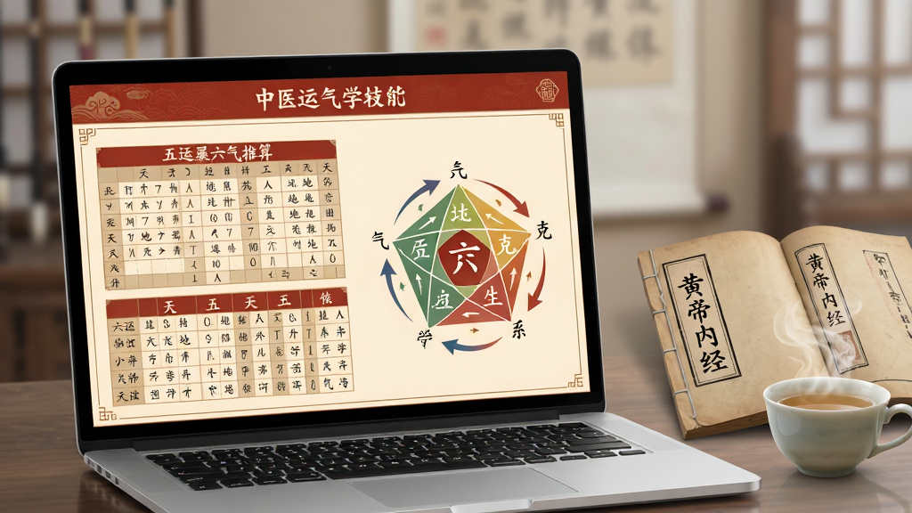 画面主体为中医运气学软件在笔记本电脑上运行的界面特写,屏幕中显示五运六气推算图表与五行生克关系图,界面风格古朴典雅,以米黄与朱红为主色调。布局上,笔记本位于画面中央偏左,右侧留白处摆放一本打开的《黄帝内经》线装书与一杯冒热气的清茶,营造浓厚的中医学习氛围。排版采用居中构图,前景清晰,背景虚化处理。风格为写实数码插画,细节上刻画出屏幕中的天干地支表格与动态气机流转箭头。画质高清,干净无多余元素。