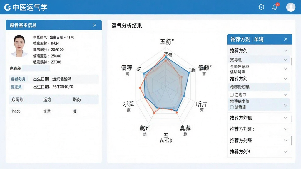 画面主体为中医运气学软件的临床病案分析界面,左侧显示患者基本信息与出生日期,右侧展示运气分析结果,包括五行偏颇雷达图与推荐方剂列表。布局采用左右分栏设计,风格为现代医疗软件UI,色彩以蓝色和白色为主,简洁明快。细节上突出数据可视化图表与文字结论。画质干净,无多余元素。