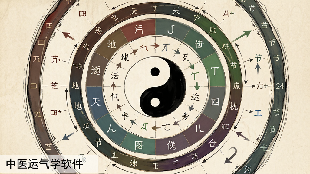 画面主体为中医运气学软件中展示的五运六气图谱,图谱以古代星象图风格绘制,中央是太极阴阳鱼,周围环绕天干地支与二十四节气,线条流畅,色彩沉稳。布局为全屏展示,图谱占据画面主要区域,左下角有软件名称“中医运气学软件”字样。排版对称,视觉重心居中。风格为传统国画与现代数据可视化结合,细节丰富,包括五行颜色标注与气机走向箭头。画质高清,干净无多余元素。