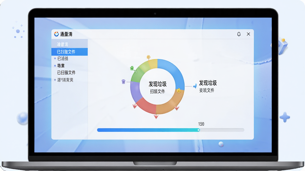 高清数字艺术图,主体是笔记本电脑屏幕上的“通量清”软件界面,界面内显示彩色环形图表和扫描进度条。布局为屏幕特写,占据画面中心。排版简洁,风格写实。细节上,图表中显示“已扫描文件”和“发现垃圾”等字样,屏幕发出柔和蓝光,画质干净,无多余元素。