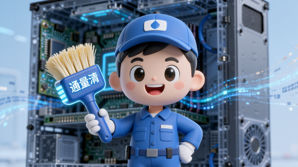 一幅现代科技感十足的3D渲染图,主体是拟人化的“通量清”卡通形象,身穿蓝色清洁工制服,手持发光的清洁刷,正面带微笑。背景是半透明的电脑主机内部结构,有闪烁的电路板和流动的数据光线。布局上主体居中,背景虚化。排版采用中央构图,风格为清新明快的科技插画风。细节上突出清洁刷上的“通量清”三字光效,画质高清,干净,无多余元素。