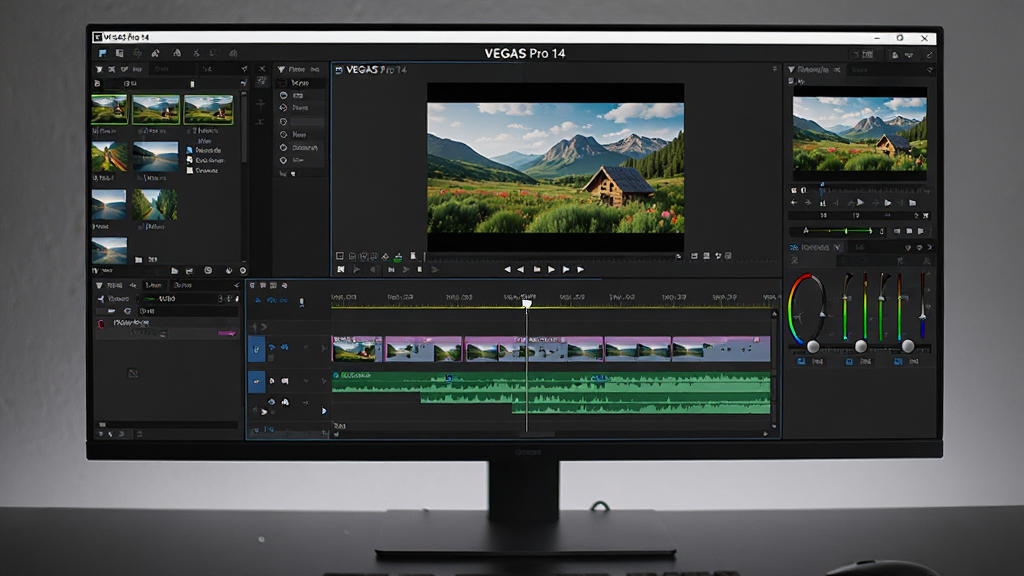 ���壺һ̨�߶˵�����ʾ��������VEGAS Pro 14�������棬������ʾ�����Ƶ�༭ʱ���ߣ�����������������ƵԤ�����ں͸����ɫ������塣���֣�����ȫ��չʾ��������زĿ���壬�м�Ϊʱ���߱༭�����Ҳ�����Ƶ��Ч���ɫ��壬�ײ�Ϊ��Ƶ������Ű棺������ɫ����Һͺ�ɫΪ��������ϵ��ز�Ƭ��ɫ�ʷḻ��Ԥ�������в�����һ��ɫ����������Ȼ�����Ƶ�����дʵ�Ƽ��У���Ļ��ӰЧ����ʵ����������ͣ������Ǽ�����ɫ����̨��ϸ�ڣ���Ļ���������ơ�VEGAS Pro 14�������ɼ���������йؼ�֡��ǣ������ͣ��ĳ��ʱ��㡣���ʣ�8K���壬ϸ�ڷḻ���ɾ����޶���Ԫ�ء�