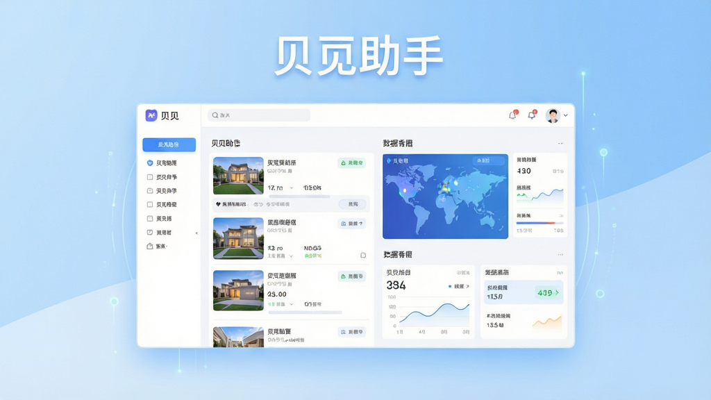 贝壳助手主界面展示,画面中央为清晰的房源列表与数据看板,背景采用浅蓝色渐变,整体布局简洁明快,突出软件名称“贝壳助手”字样,风格现代科技感,画质高清干净,无多余元素